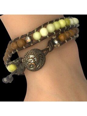 Boho Beaded Wrap Bracelet Wood Natural Stone Beads Button Closure